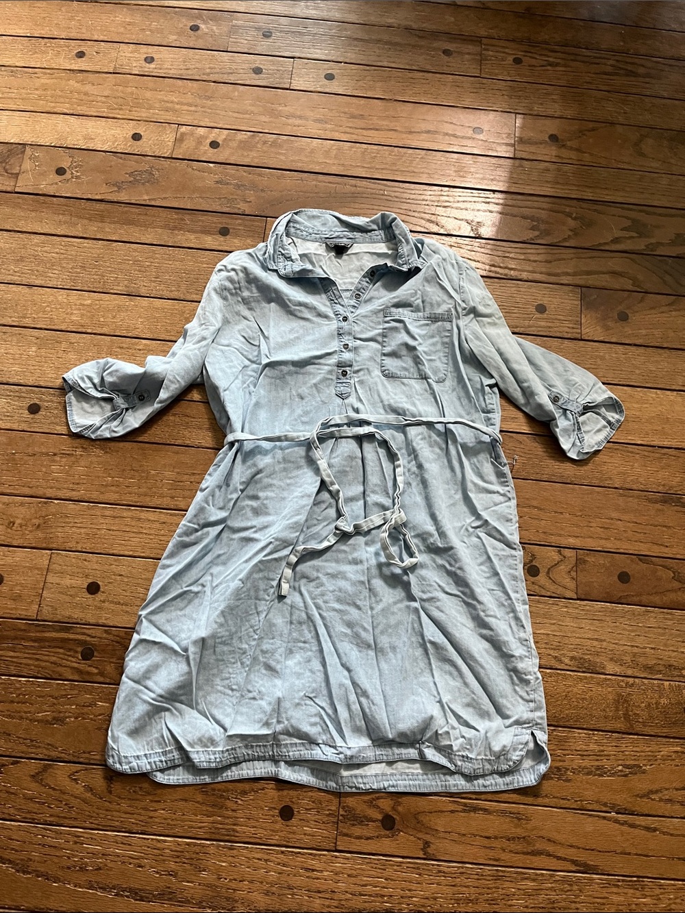 Allison Brittney Light Blue Denim Button-Front Midi Shirt Dress with Tie